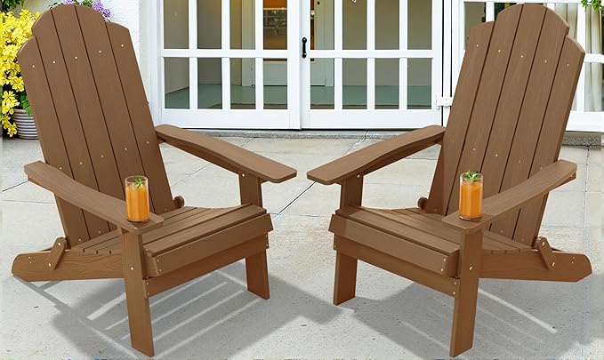 MXIMU Folding Adirondack Chair for Outdoor: Easy Assembly and Comfortable HIPS All-Weather Adirondack Chairs Set of 2 - Wooden Textured Patio Chair for Lawn Garden Deck Backyard Fire Pit