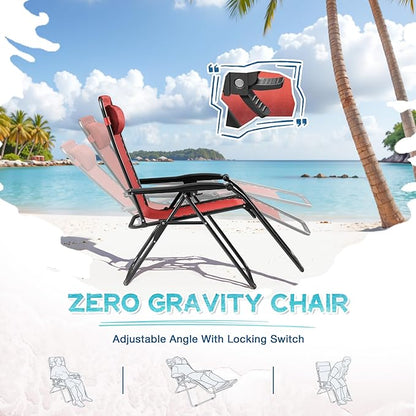 Greesum Zero Gravity Chairs Set of 2 Adjustable Steel Mesh Recliners Beach Deck Lawn Camping Patio Foldable Lounge Chair with Cup Holder Trays and Pillows,Red
