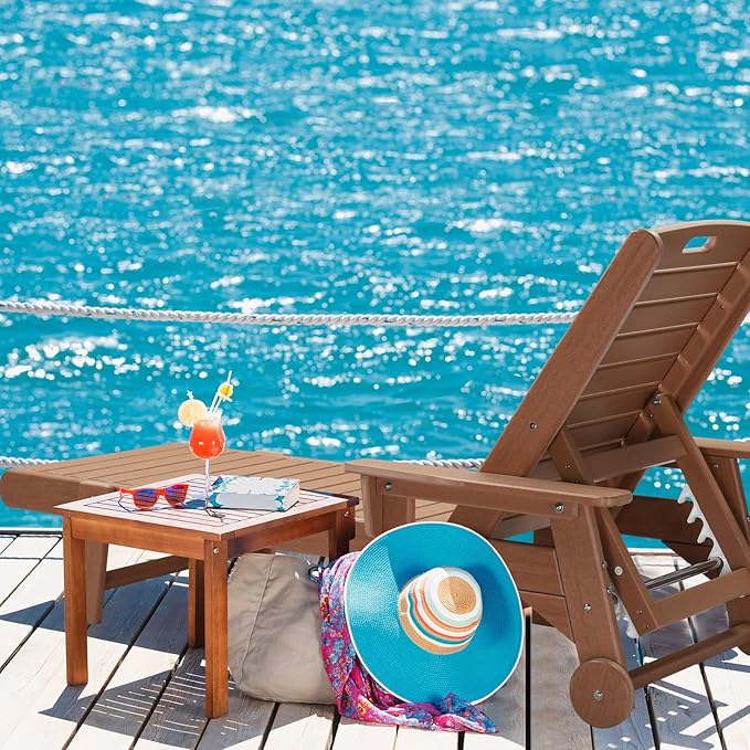 VINGLI HDPE Outdoor Chaise Lounge Chair with Wheels, Patio Lounge Chairs with 5-Position Adjustable Backrest, Chaise Lounge for Outside Pool Poolside Deck Backyard Lawn (Teak)