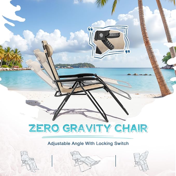 Greesum Zero Gravity Chairs Set of 2 Adjustable Steel Mesh Recliners Beach Deck Lawn Camping Patio Foldable Lounge Chair with Cup Holder Trays and Pillows,Cream-Coloured