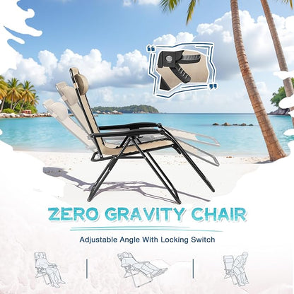 Greesum Zero Gravity Chairs Set of 2 Adjustable Steel Mesh Recliners Beach Deck Lawn Camping Patio Foldable Lounge Chair with Cup Holder Trays and Pillows,Cream-Coloured