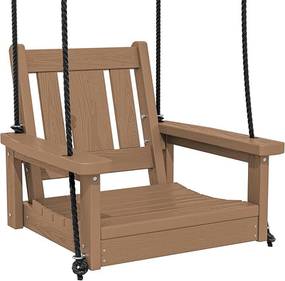 SERWALL HDPE Single Porch Swing, Heavy Duty Single Person Swing Chair with 2 Polypropylene Hanging Ropes, Adirondack Hanging Chair for Outdoor Front Porch Patio Garden Yard, Brown