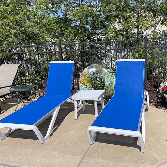 Domi Patio Chaise Lounge Chair Set of 3,Outdoor Aluminum Polypropylene Sunbathing Chair with Adjustable Backrest,Arm,Side Table,for Beach,Yard,Balcony,Poolside(2 Blue Chairs + 1 Side Table)