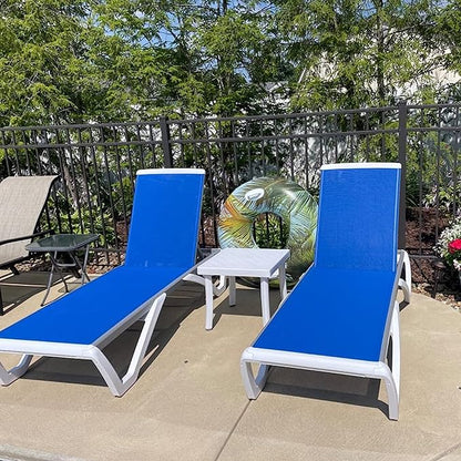 Domi Patio Chaise Lounge Chair Set of 3,Outdoor Aluminum Polypropylene Sunbathing Chair with Adjustable Backrest,Arm,Side Table,for Beach,Yard,Balcony,Poolside(2 Blue Chairs + 1 Side Table)