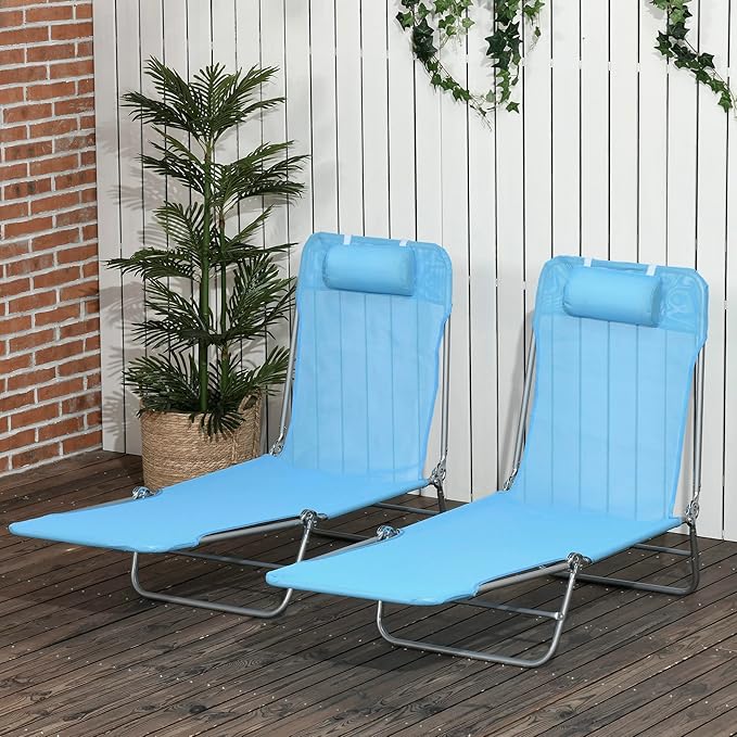 Outsunny 2 Piece Folding Chaise Lounge Chairs, Pool Sun Tanning Chairs with Reclining Back, Breathable Mesh Seat - Photo 2