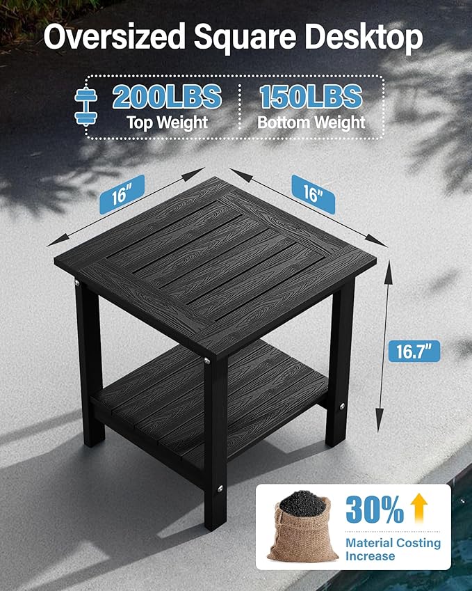 YEFU Outdoor Side Table for Patio: 16x16 in HIPS Square Outdoor End Table - 2-Tier Adirondack Tables for Patio Porch Poolside Living Room Beach Bedroom, Black