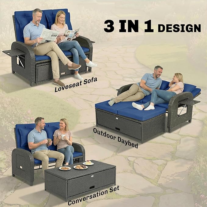 Outsunny Patio Rattan Daybed, Wicker Outdoor Daybed with Storage Ottoman, Loveseat Sofa with Adjustable Backrest, Side Tables, Cushions, Headrests, Double Sunbed Lounger for Balcony, Navy Blue