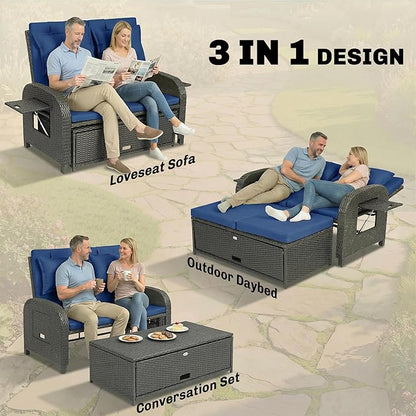 Outsunny Patio Rattan Daybed, Wicker Outdoor Daybed with Storage Ottoman, Loveseat Sofa with Adjustable Backrest, Side Tables, Cushions, Headrests, Double Sunbed Lounger for Balcony, Navy Blue