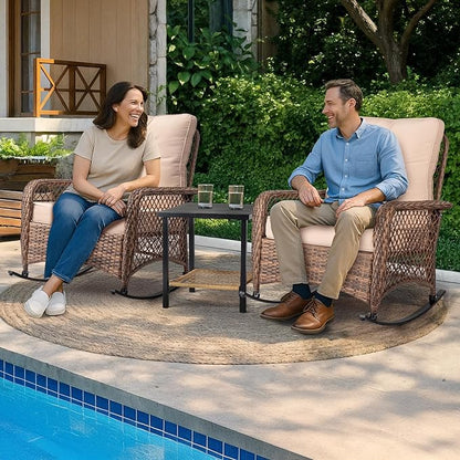 Outvita Outdoor Wicker Rocking Chair, Patio Rattan Rocker Chair w/Cushions & Steel Frame, All-Weather Rocking Lawn Wicker Furniture for Garden Backyard Porch Deck (Beige)