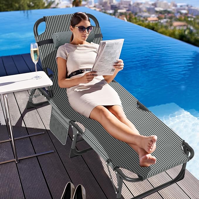 ABORON 3-in-1 Folding Patio Lounge Chair, 440LB Heavy-Duty Tri-Fold Guest Bed with Plush Cotton Cushion, No Assembly Adjustable Recliner for Office Nap, Patio Sunbathing, Poolside & Camping