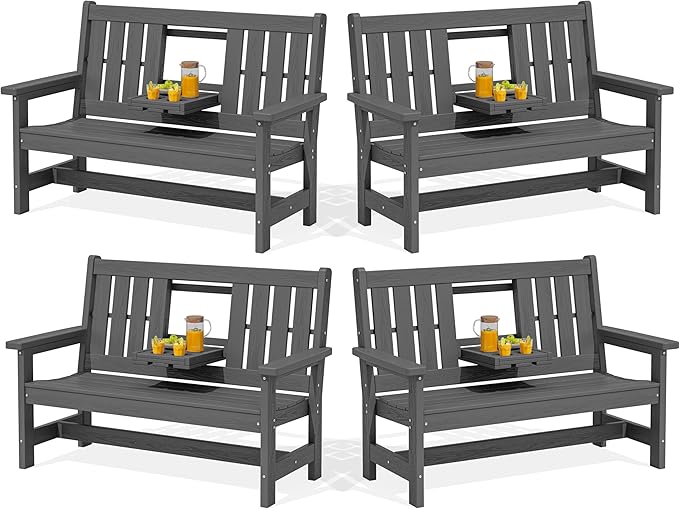 SERWALL Outdoor Bench with Cup Holder, 58" HDPE Garden Park Bench Suitable for 3 Person, All Weather Patio Benches with High Backrest and Wide Armrests for Garden, Park, Yard, Front Porch, Grey