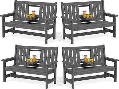 SERWALL Outdoor Bench with Cup Holder, 58" HDPE Garden Park Bench Suitable for 3 Person, All Weather Patio Benches with High Backrest and Wide Armrests for Garden, Park, Yard, Front Porch, Grey