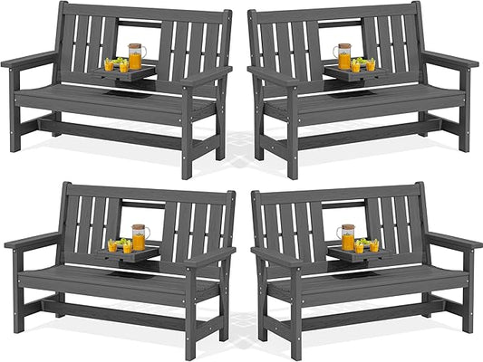 SERWALL Outdoor Bench with Cup Holder, 58" HDPE Garden Park Bench Suitable for 3 Person, All Weather Patio Benches with High Backrest and Wide Armrests for Garden, Park, Yard, Front Porch, Grey