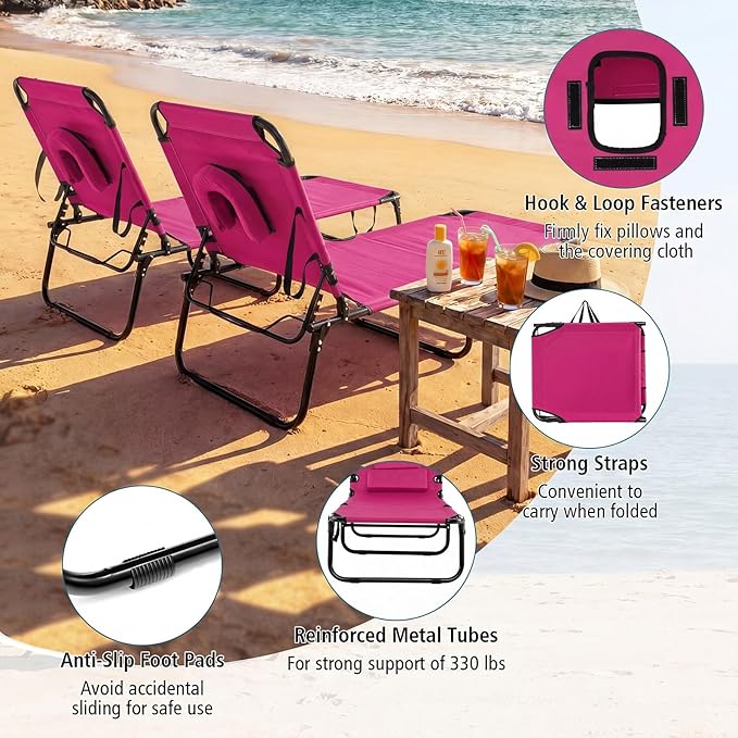 Tangkula Beach Lounge Chair, Folding Sunbathing Recliner with Face Hole, Face Down Tanning Chair with 4-Level Adjustable Backrest & 3 Removable Pillows, Chaise Lounge Chair for Patio (1, Pink)