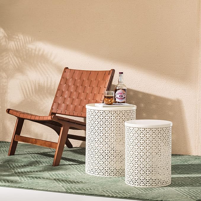 Glitzhome Outdoor Side Table Set of 2, Decorative Garden Stool for Patio, Heavy Duty Metal Frame Accent Table Modern End Table, Cream White | Indoor Outdoor, Heavy Duty, Accent Table, Modern End Table