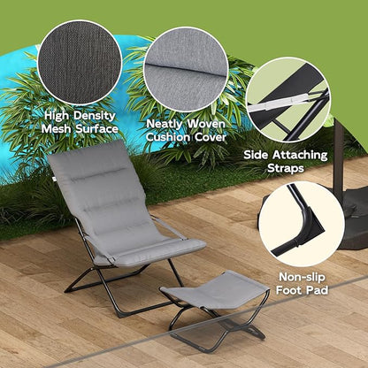 Abba Patio Heavy-Duty Outdoor Chaise Lounge Chair, Reclining Folding Camping Chair with Removable Footrest, All-Weather Portable Patio Furniture for Poolside, Beach, Lawn, Indoor Outdoor Use, Grey