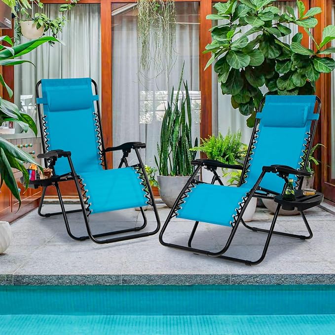 Goplus Zero Gravity Lounge Chairs, 160°Adjustable Folding Recliner w/Pillow and Cup Holder, 350LBS Comfy Outdoor Lounge Chairs for Patio, Lawn, Yard & Camp(1, Light Blue)