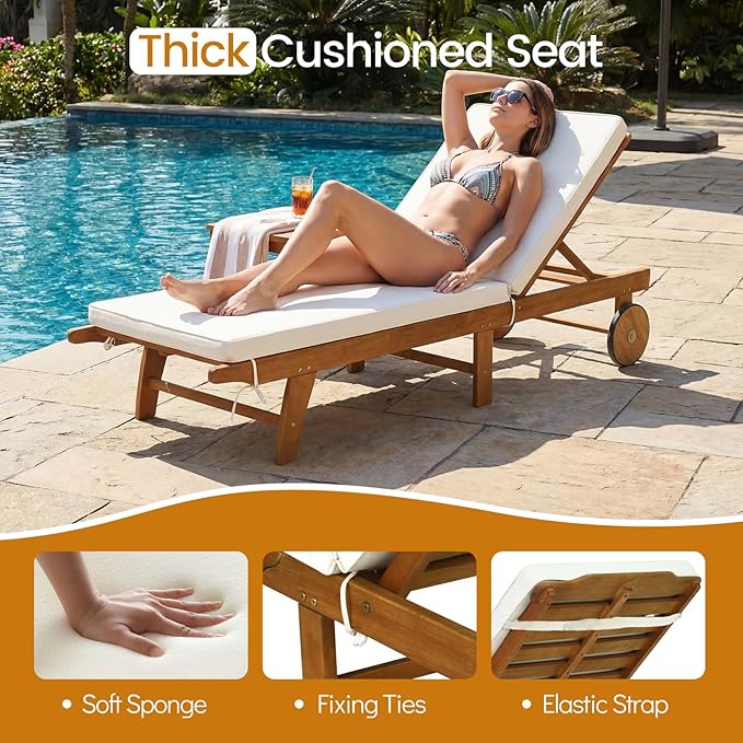 Tangkula Folding Lounge Chair Outdoor, Patio Eucalyptus Wood Chaise Lounge with 5-Level Adjustable Backrest & Cushions, Portable Beach Pool Sunbathing Recliner with Wheels for Outside (1,Off White)
