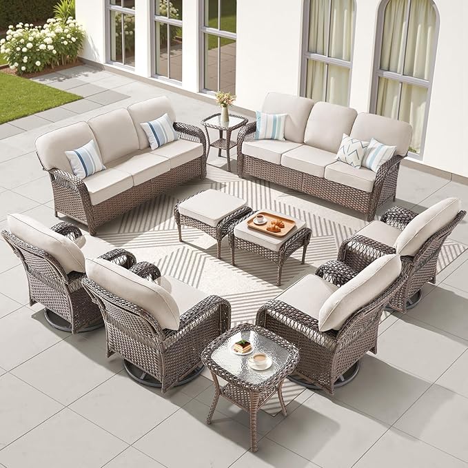 10 Pieces Wicker Patio Furniture Sets Swivel Chairs, All Weather Wicker 3 Seater Sofa with Ottomans Rattan Side Table - Photo 1