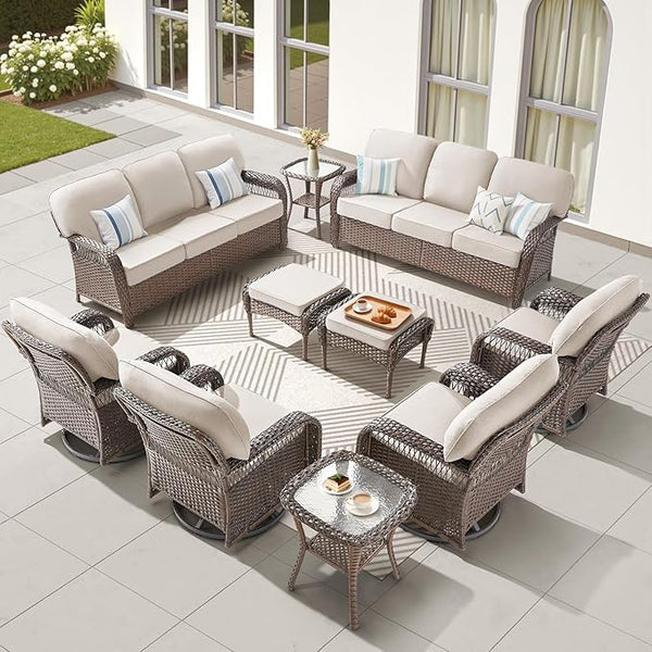 10 Pieces Wicker Patio Furniture Sets Swivel Chairs, All Weather Wicker 3 Seater Sofa with Ottomans Rattan Side Table - Photo 1