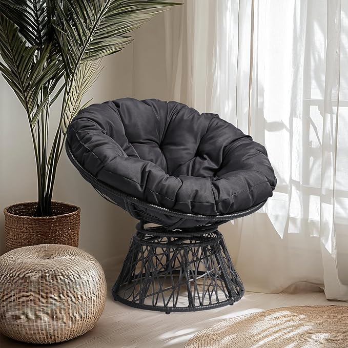 VINGLI Outdoor Papasan Chairs with Thick Cushions 360 Degree Swivel Chair, Patio Chairs Lounge Chair Rading Chair for Balcony, Yard, Porch (Black)