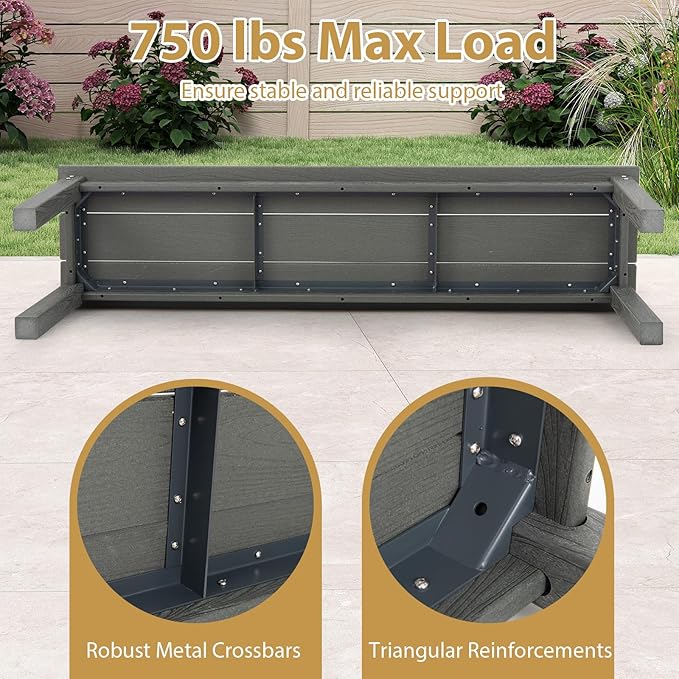Giantex 55" HDPE Outdoor Bench, 2-3 People Weatherproof Backless Patio Garden Bench with 750 Lbs Capacity, Fade Resistant Outside Seating Furniture, Loveseat for Porch, Yard, Park (2,Grey)