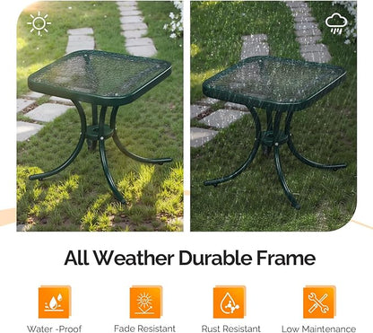 VINGLI Outdoor Side Table, 18" Patio Table Steel Frame Tempered Glass Top, Weatherproof Small Tables for Balcony Garden Poolside (Green, Square)