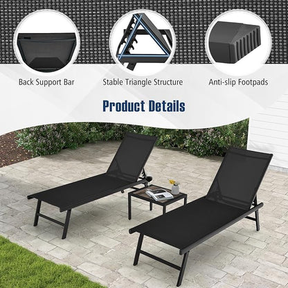 Tangkula 3 Piece Patio Chaise Lounge Set, Aluminum Patio Recliner with Coffee Table, 6-Level Backrest Adjustment, Outdoor Lounge Chair & Side Table Set for Poolside, Backyard (Black)
