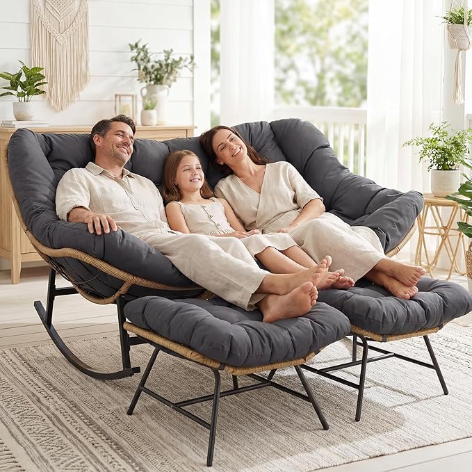 RADIATA Double Rocking Chair with Ottomans, Oversized Egg Rocking Chair for 2 - Photo 4
