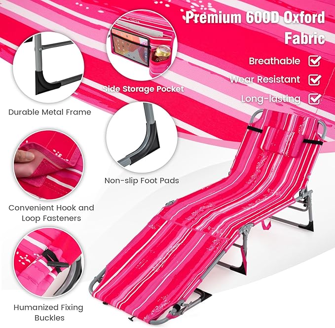 Tangkula Tanning Chair, Outdoor Folding Beach Lounge Chair with Face Hole, Adjustable Footrest, Removable Pillow - Photo 5