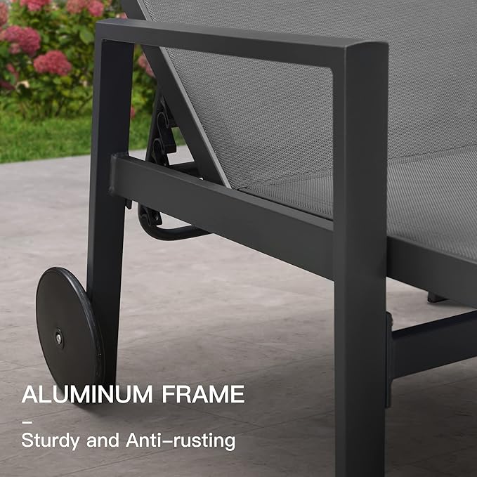 PURPLE LEAF 2 Pieces Outdoor Chaise Lounge Aluminum Patio Lounge Chair with Wheels and Armrests Outdoor Lounge Recliner Chair for Pool Backyard Beach Grey
