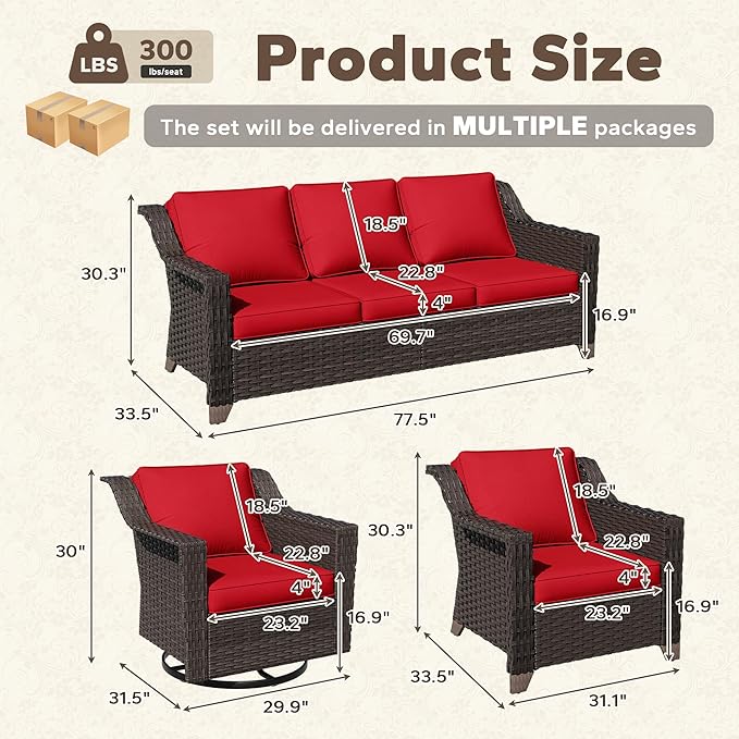 5 Pieces Patio Conversation Furniture Set - 1 Sofa, 2 Armchairs, 2 Swivel Chairs - Photo 2