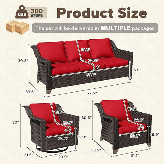 5 Pieces Patio Conversation Furniture Set - 1 Sofa, 2 Armchairs, 2 Swivel Chairs, Outdoor Wicker Furniture with Removable Cushions for Porch, Balcony, Sunroom (Red)