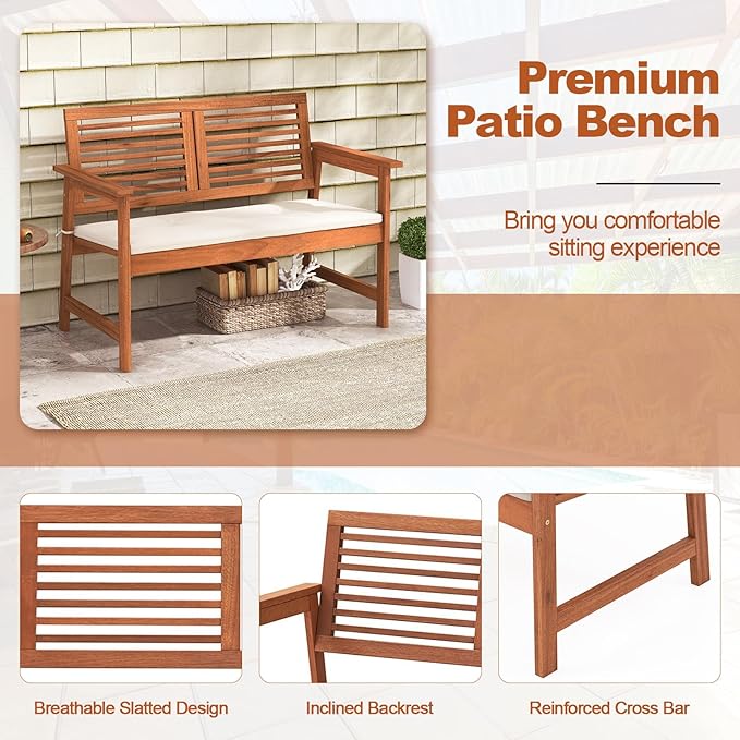 HAPPYGRILL Outdoor Wood Bench Patio Solid Wood Loveseat with Comfortable Backrest & Cushions, Breathable Slatted Seat, Outside Loveseat Chair for Balcony Porch Garden