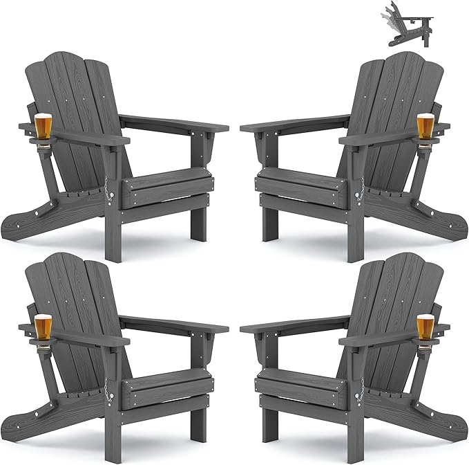 KINGYES Adjustable Folding Adirondack Chair Set of 4, 3-Position Reclining Adirondack Chairs with Cup Holder, HDPE All-Weather Oversized Adirondack for Outdoor, Patio, Backyard Deck, Fire Pit, Gray