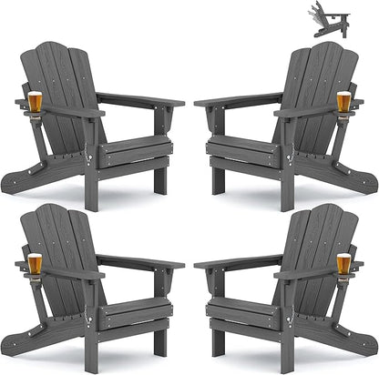 KINGYES Adjustable Folding Adirondack Chair Set of 4, 3-Position Reclining Adirondack Chairs with Cup Holder, HDPE All-Weather Oversized Adirondack for Outdoor, Patio, Backyard Deck, Fire Pit, Gray