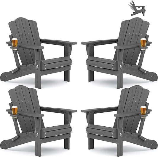 KINGYES Adjustable Folding Adirondack Chair Set of 4, 3-Position Reclining Adirondack Chairs with Cup Holder, HDPE All-Weather Oversized Adirondack for Outdoor, Patio, Backyard Deck, Fire Pit, Gray