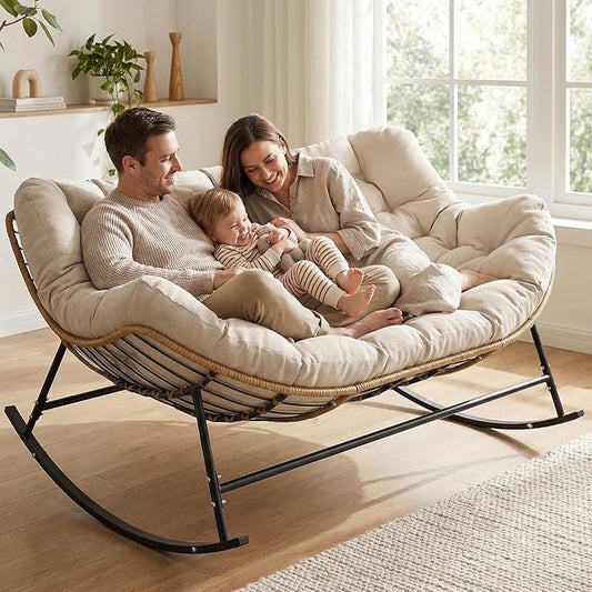 SWITTE Oversized Double Rocking Papasan Chair, Outdoor Wicker Egg Loveseat with Thick Cushion, 700 lbs Heavy Duty 2 Person Patio Lounge Rocker for Balcony, Porch, Indoor Bedroom, Cream