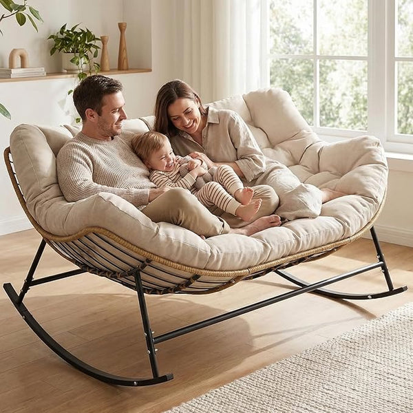 SWITTE Oversized Double Rocking Papasan Chair, Outdoor Wicker Egg Loveseat with Thick Cushion - Photo 1