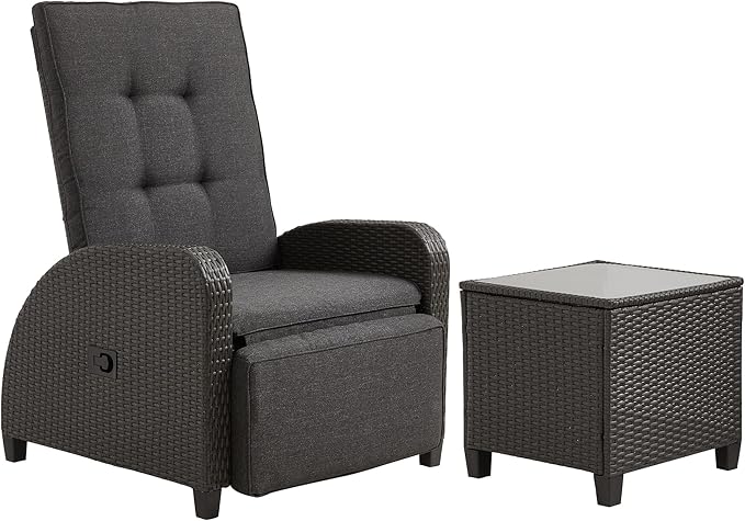 Green4ever Outdoor Patio Recliner with Adjustable Backrest and Footrest, All-Weather Wicker Patio Chair with Side Table, 160° Lay Flat Patio Reclining Lounge Chair for Garden Backyard, Grey