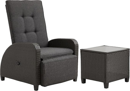 Green4ever Outdoor Patio Recliner with Adjustable Backrest and Footrest, All-Weather Wicker Patio Chair with Side Table, 160° Lay Flat Patio Reclining Lounge Chair for Garden Backyard, Grey