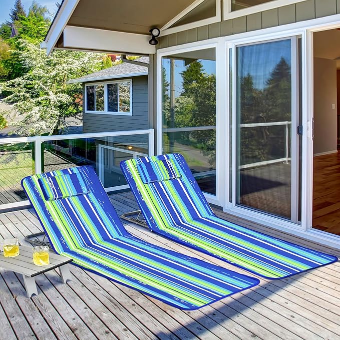 COSTWAY 3-Piece Beach Lounge Chairs, Outdoor Lounger with Side Table, 5 Reclining Positions, Lightweight & Portable Tanning Chairs for Sunbathing, Camping (Blue & Green)