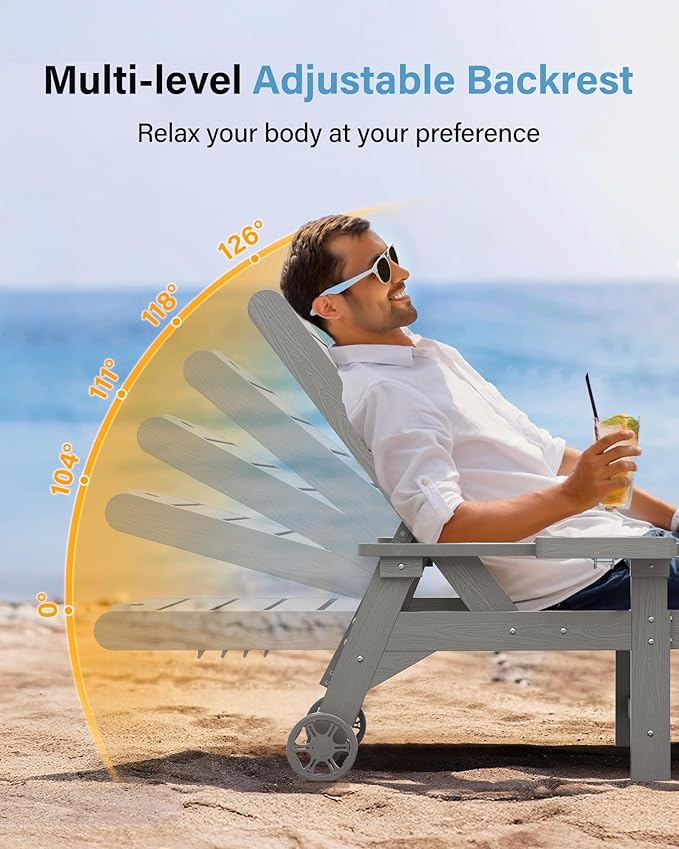 YEFU Chaise Lounge Chairs Set of 2 Outdoor,Pool Lounge Chair with Adjustable Backrest,All Weather Patio Lounge Chair with Cup Holder&Armrest,for Outside,Beach,Deck,Heavy Duty,400lbs Capacity(Grey)