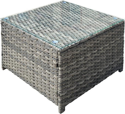 ovios Outdoor Patio Coffee Table with Tempered Glass Top Wicker Side Tables for Garden Porch Yard Deck Balcony, Grey Rattan