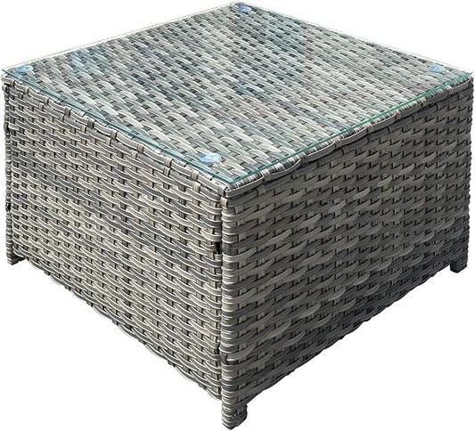 ovios Outdoor Patio Coffee Table with Tempered Glass Top Wicker Side Tables for Garden Porch Yard Deck Balcony, Grey Rattan