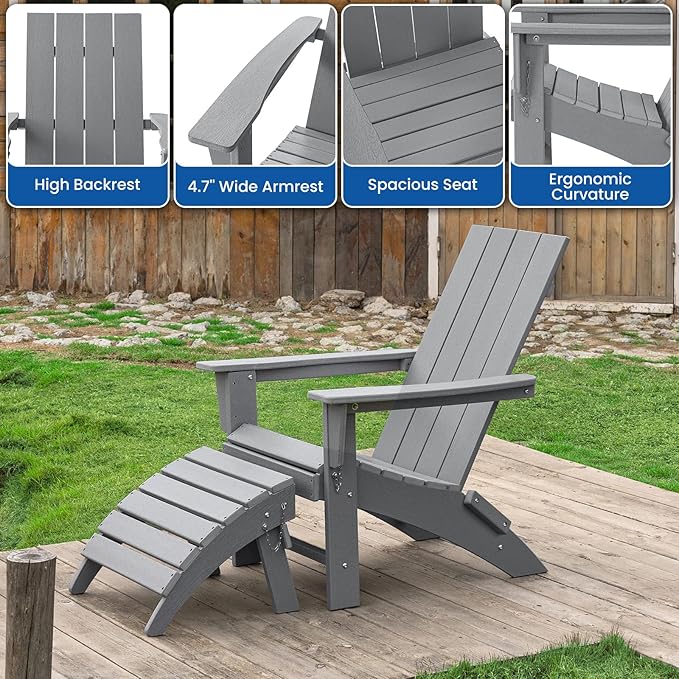 Folding Adirondack Chair with Ottoman Weather Resistant Foldable Fire Pit Chairs with Footrest HDPE Outdoor Adirondack Chair for Patio Front Porch Pool Garden Deck Fire Pit Outside,Gray