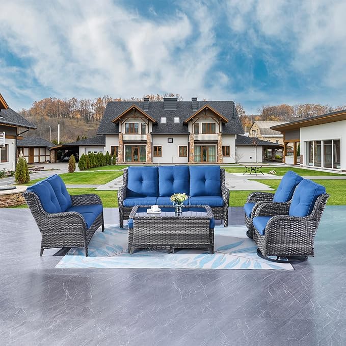 Rilyson Wicker Patio Furniture Set - 7 PC Rattan Outdoor Sectional Conversation Sets with 2 Rocking Swivel Chairs - Photo 2