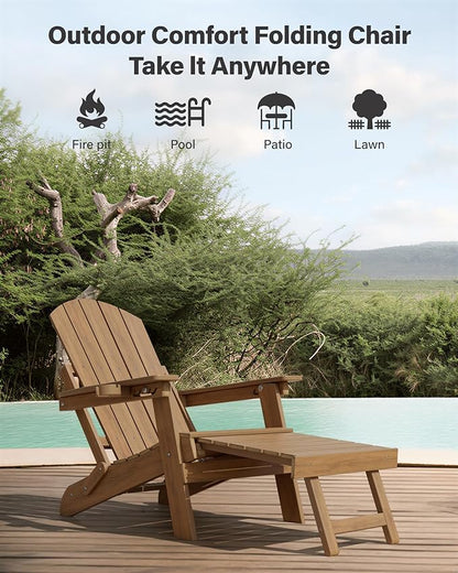 YEFU Adjustable Adirondack Chair with Footrest Set of 4, 5-Level Adjustable Adirondack Chair with Retractable Ottoman& Cup Holder, Folding Adirondacks Chairs Use for Outdoor, Pool, Fire Pit (Walnut)
