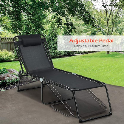 Goplus Chaise Lounge Chair, Folding 5-Postion Beach Lounge Chair with Detachable Pillow, Sunbathing Lounger, Adjustable Tanning Chair for Patio Lawn Pool Yard Outdoor