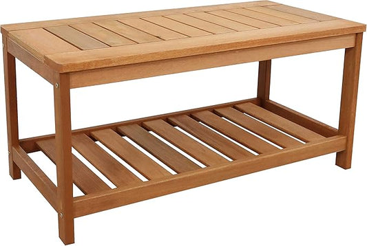 Sunnydaze Meranti Wood Outdoor Coffee Table with Storage Shelf for Living Room, Patio, or Outside – 35-Inch Rectangular Wooden Coffee Table – Ideal for Backyard Living – Teak Finish